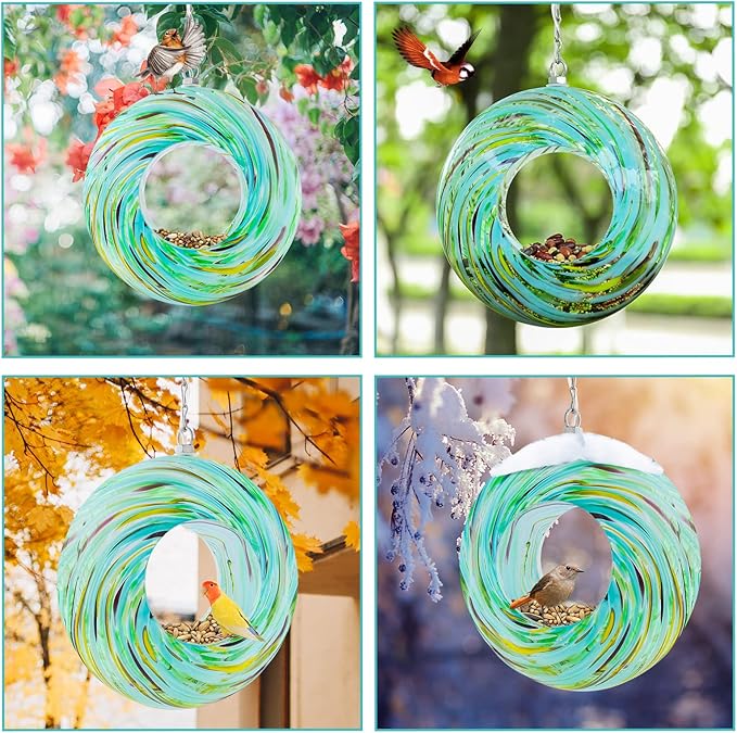 Yinns Glass Bird Feeders for Outside Hanging Fly Through Bird Feeder with Round Shape Solar Birdfeeder for Yard Garden Decor