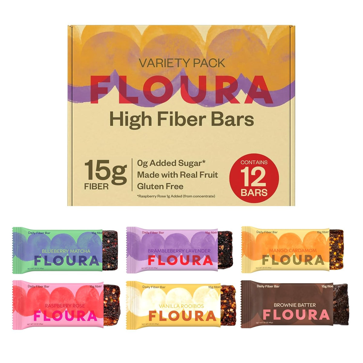 Floura Variety Pack Fruit-Forward Fiber Bars– High Fiber, Vegan, Gluten & Dairy Free, Low Calorie Healthy Snack Bars with Upcycled Produce for Gut Health [12 Pack- 2 of Each Flavor]