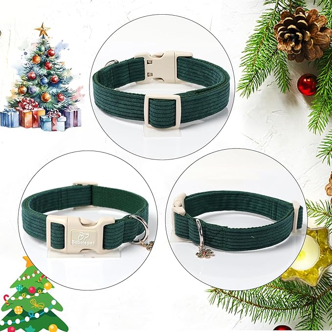 Cute Corduroy Dog Collar - Forest Green Adjustable Dog Collars for Large Dogs 50-80lbs, Fade-Proof with Secure Snap & Little Charm, Christmas Birthday Gift, L