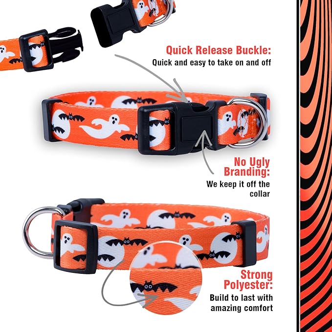 Native Pup Halloween Dog Collar- Spooky Fall Themed Horror Costume Collars- Skull, Pumpkin, Ghost, Bat, Witch, Candy Corn, Spider- Adjustable for Small, Medium, Large Breeds (Large, Ghosts)