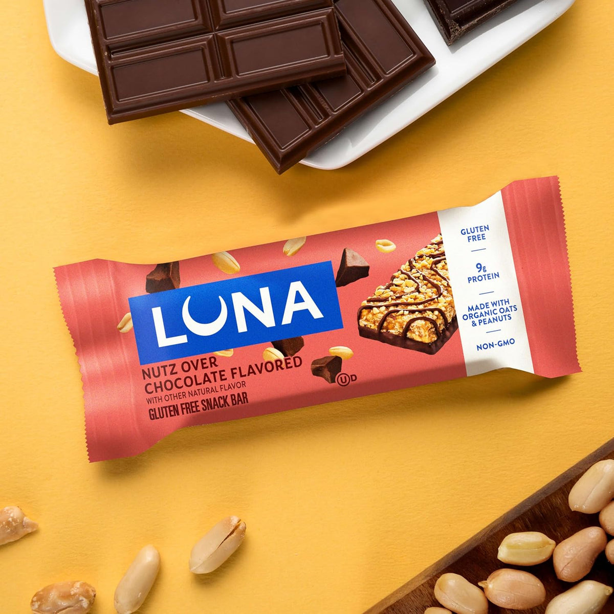 LUNA Bar - Nutz Over Chocolate Flavor - Gluten-Free - Non-GMO - 7-9g Protein - Made with Organic Oats - Low Glycemic - Whole Nutrition Snack Bars - 1.69 oz. (15 Count)