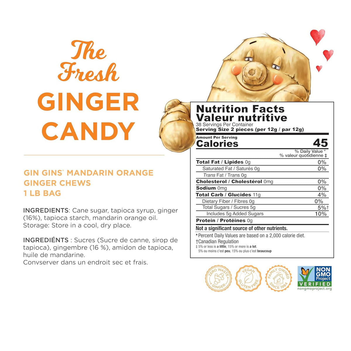 GIN GINS Mandarin Orange Ginger Chews – Natural Fresh Ginger Candy by The Ginger People – Individually Wrapped Healthy Candy – Mandarin Orange Flavor – Large 1 lb Bag (16oz) – Pack of 1