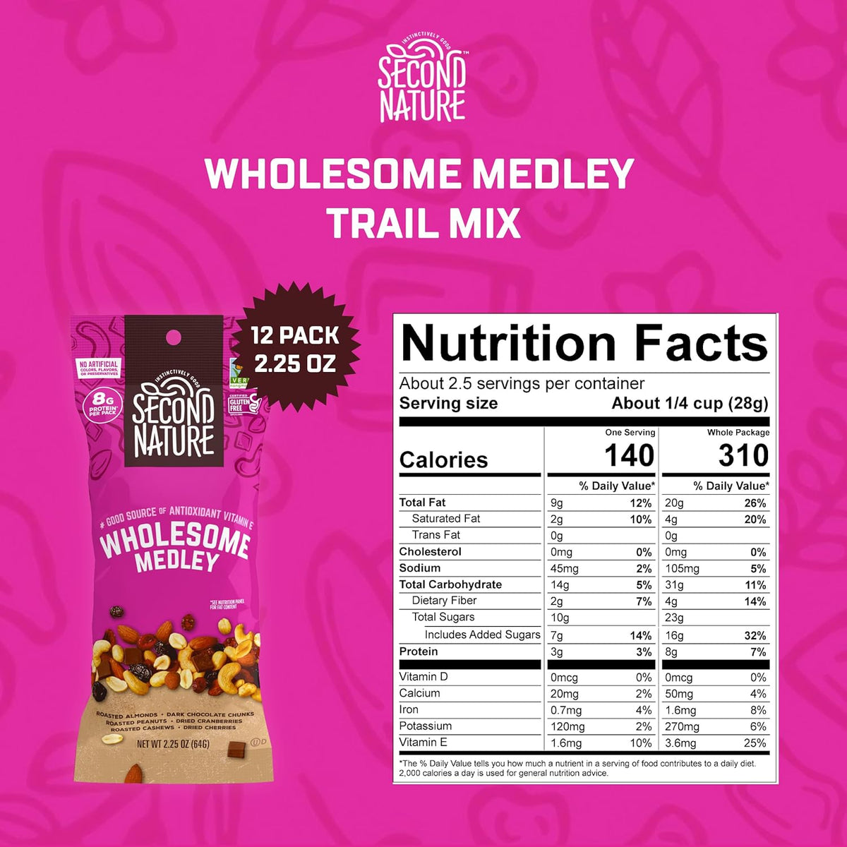 Second Nature Wholesome Medley Trail Mix - 12 Count, 2.25 oz Individual Snack Packs, Certified Gluten-Free – Dark Chocolate, Dried Fruit and Nut Trail Mix, Ideal for Travel Snacks