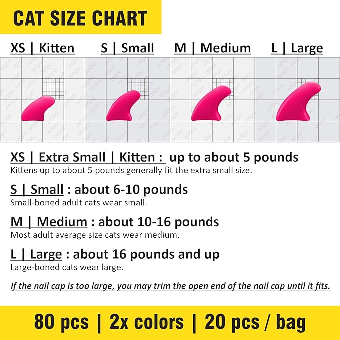 zetpo 80 pcs Cat Claw Covers | Cat Nail Caps | with Adhesives and Applicators (M, Black, White)