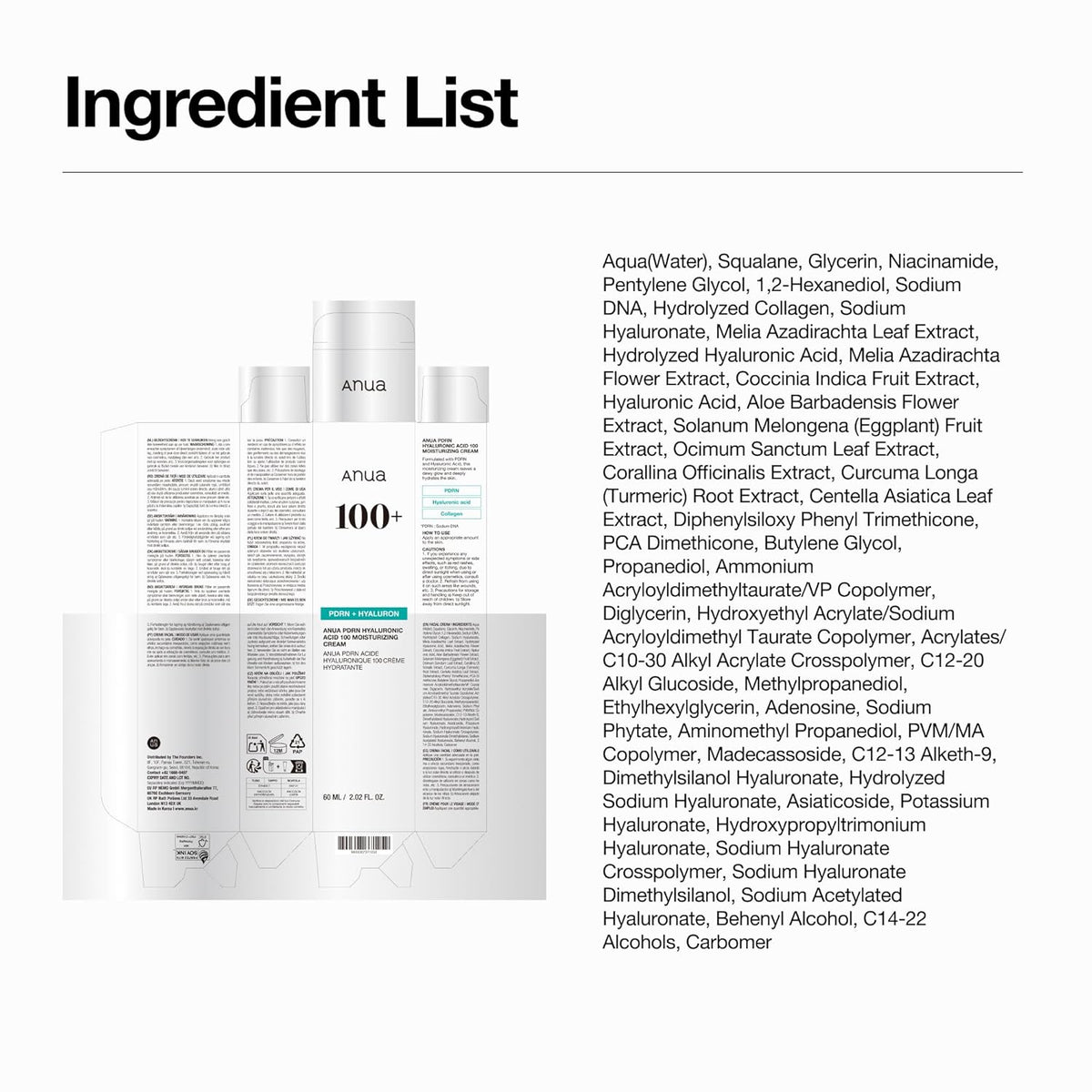 ANUA PDRN Hyaluronic Acid 100 Moisturizing Cream, Lightweight Hydrating Moisturizer with Salmon PDRN, Hyaluronic acid, Collagen for Glass Skin, Korean Skin Care (60ml / 2.02 fl. oz)