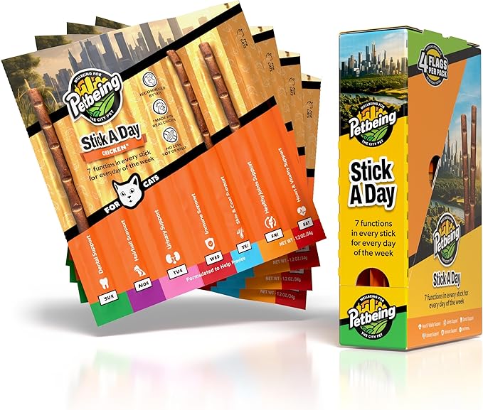 Stick a Day | Specially Formulated 7-in-1 Functions Daily Real Meat Supplement for Cats | Cat Chew Stick & Pet Vitamins Supplements Combination (7-Pack x 4, Chicken)