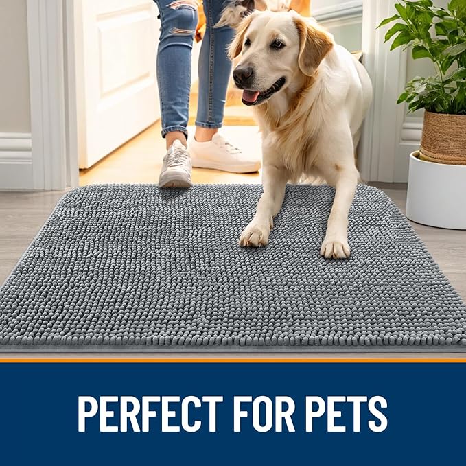 OLANLY Dog Door Mat Set 4-Piece 30x20, Absorbs Moisture and Dirt, Absorbent Non-Slip Washable Doormat, Quick Dry Chenille Mud Mat for Dogs, Entry Indoor Entryway Carpet for Inside Floor, Grey