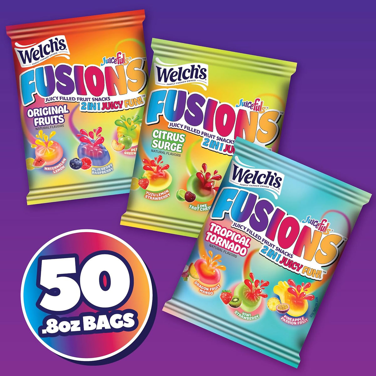 Welch's Fruit Snacks, Juicefuls Fusions, Three Unique Flavor Snack Packs, Citrus Surge, Tropical Tornado, Original Fruits, Gluten Free, No Artificial Dyes & Flavors, 0.8oz (Pack of 50)