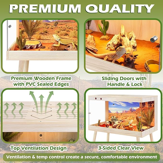 Royxen Tempered Glass Bearded Dragon Tank,24 Gallon Reptile Tank with Leg Stand,Built-in Lighting Reptile Enclosure Scartch-Proof Bearded Dragon Encloure for Chameleon,Snake,Lizard(Oak,24"x 16"x 16")