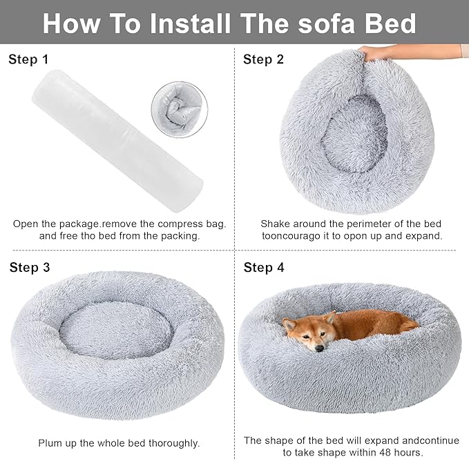 Dog Calming Beds for Small Medium Dogs - Round Donut Washable Dog Bed, Anti-Slip Faux Fur Fluffy Donut Cuddler Anxiety Cat Bed(Light Grey 32")