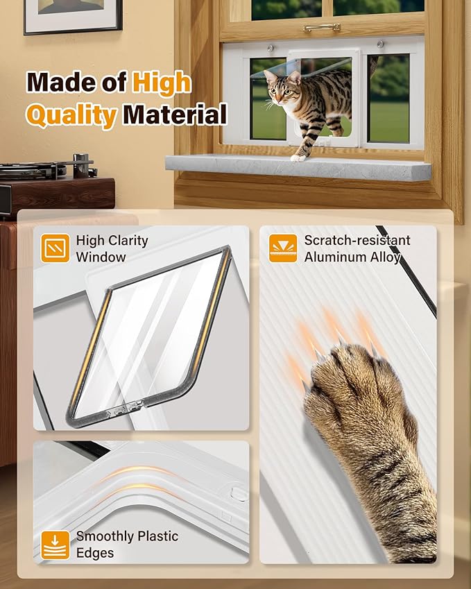 Cat Door for Window Weatherproof: Aluminum Frame Flap Pet Door Quick Fit Window Insert - Easy Adjustable to Fit Windows Width 23"-28" - 4 Secure Lock Modes with Magnetic Closure for Cats Doggy