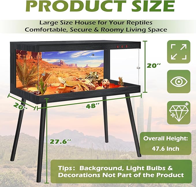 Royxen Tempered Glass Bearded Dragon Tank,81 Gallon Reptile Tank with Leg Stand,Built-in Lighting Reptile Enclosure Scartch-Proof Bearded Dragon Encloure for Chameleon,Lizard(Black,48"x 20"x 20")