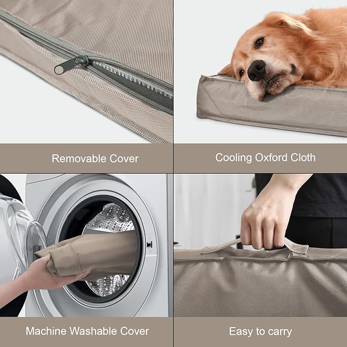Outdoor Extra Large Dog Bed, Jumbo Waterproof Dog Bed for Large Dogs, Orthopedic Egg Foam Pet Bed Mat with Removable Oxford Cooling Cover, Khaki