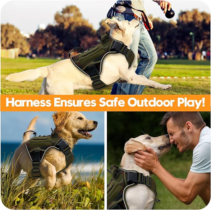 Heavy-Duty Tactical Dog Harness for Large Dogs, No Pull Adjustable Reflective Pet Vest with Molle System, K9 Military-Grade Control for Service Training, Outdoor & 10+ Breeds, Green Camo, XX-Large