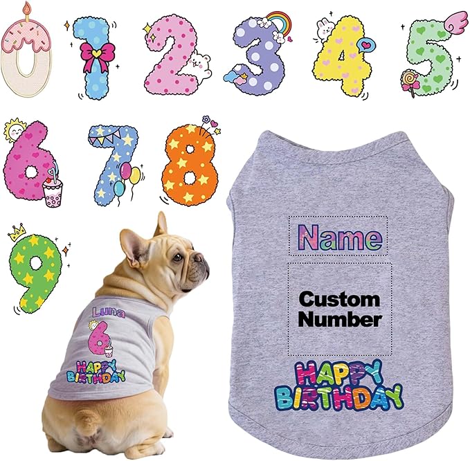 Custom Dog Birthday Shirt,Personalized Pet Apparel Print with Name Age Number,Pet Birthday Outfit,Lightweight Breathable Cotton Vest for Small Medium Large Dogs Cat (Grey, Large)