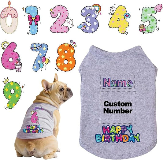 Custom Dog Birthday Shirt,Personalized Pet Apparel Print with Name Age Number,Pet Birthday Outfit,Lightweight Breathable Cotton Vest for Small Medium Large Dogs Cat (Grey, Medium)