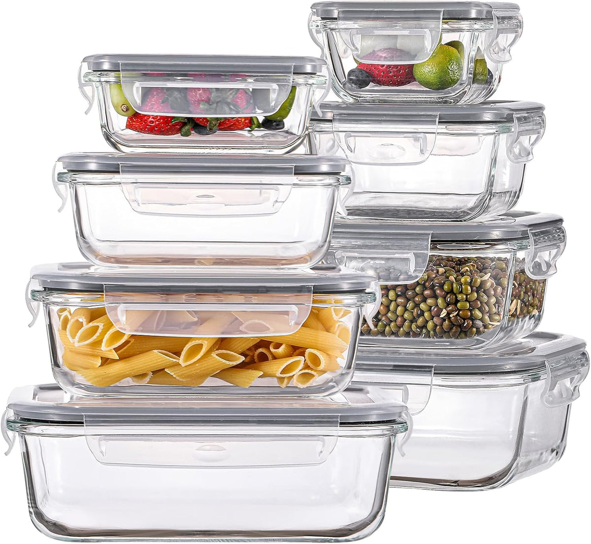 8 Pack Borosilicate Glass Food Storage Containers with Lids, Glass Meal Prep Containers, Airtight Bento Lunch Boxes with Leak Proof Locking, Oven, Freezer and Dishwasher Safe, BPA Free, 5-35oz