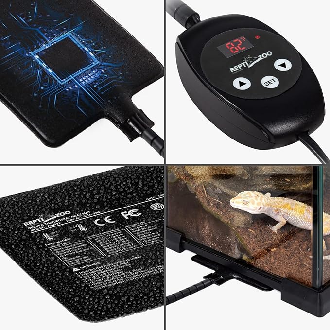 REPTI ZOO Upgrade Reptile Heat Mat with Thermostat - 8 x 12 Inch Reptile Heating Pad with Temperature Control for 30-40 gal Tank Reptiles Amphibians Hermit Crab Snake Lizard