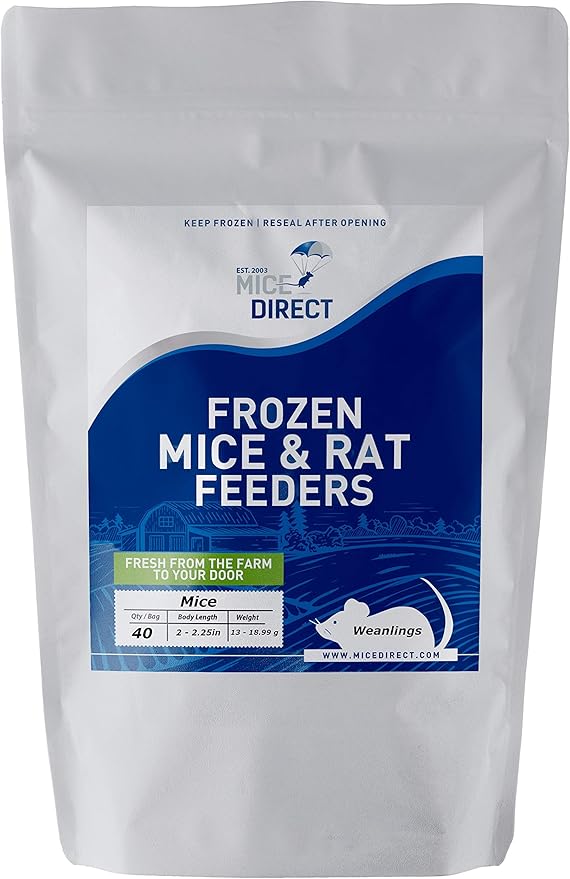 MiceDirect EST. 2003 40 Frozen Mice Weanling Feeders Snake Food for Juvenile Red Tail Boas Ball Python Adult Milk Snakes Corn Sand Boa (2-2.5 in) (520 Grams Min)