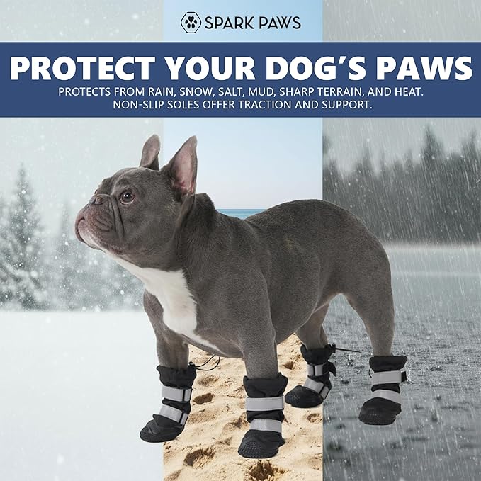 Spark Paws Dog Shoes, Waterproof Dog Boots for Medium to Large Dogs, Non Slip, Breathable Dog Booties and Paw Protectors - 4PCS Doggie Hiking Boots with Reflective Straps - Black, Size 8