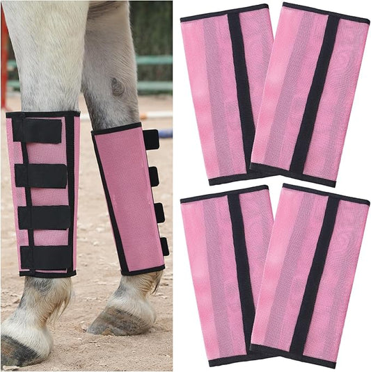 Horse Fly Boots Set of 4 - Non-Slip Leg Guards Extra Tough Mesh Ventilated, Adjustable Horse Fly Leggings Reduce Stomping & Hoof Stress & Leg Fatigue Pink Small