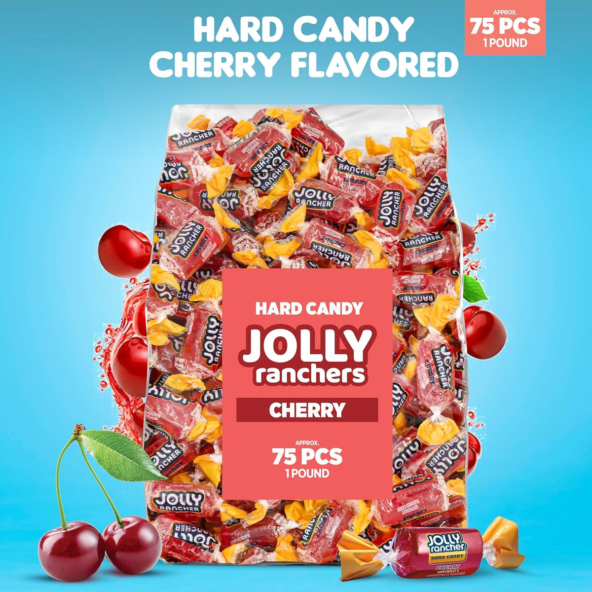 Cherry Jolly Ranchers Hard Candy – Original Flavor – 1 LB Bulk Bag (Approx. 75 Pieces) – Individually Wrapped Tart & Sweet Treats for Baby Showers, Back to School, Birthdays & Gift Bags