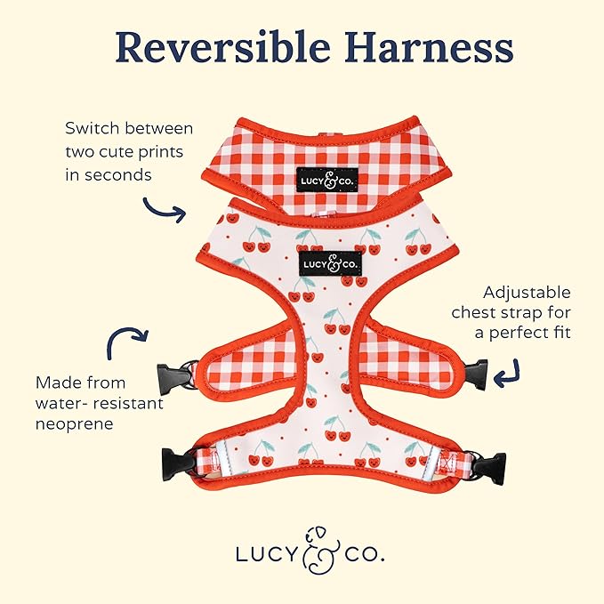 Lucy & Co. Cheery Cherries, Cute Reversible Dog Harness Walking Halter - Best Designer Pet Harnesses for XS - XL Dogs - Padded Adjustable Vest for Easy Walking (X-Large)