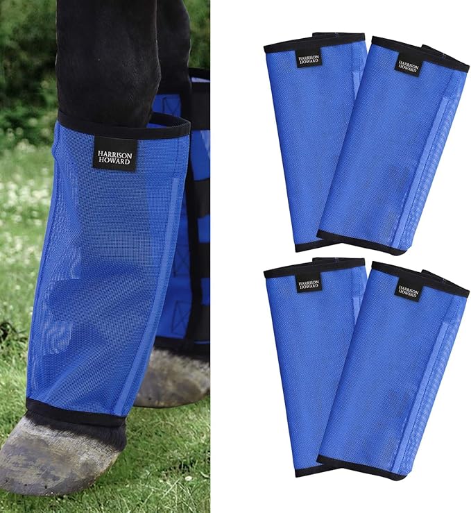 Harrison Howard Loose-Fitting Horse Fly Leggings Breathable, Tear-Resistant Fine Mesh Leg Guards Stay-on Comfortable Fly Boots (Set of 4) Blue Small