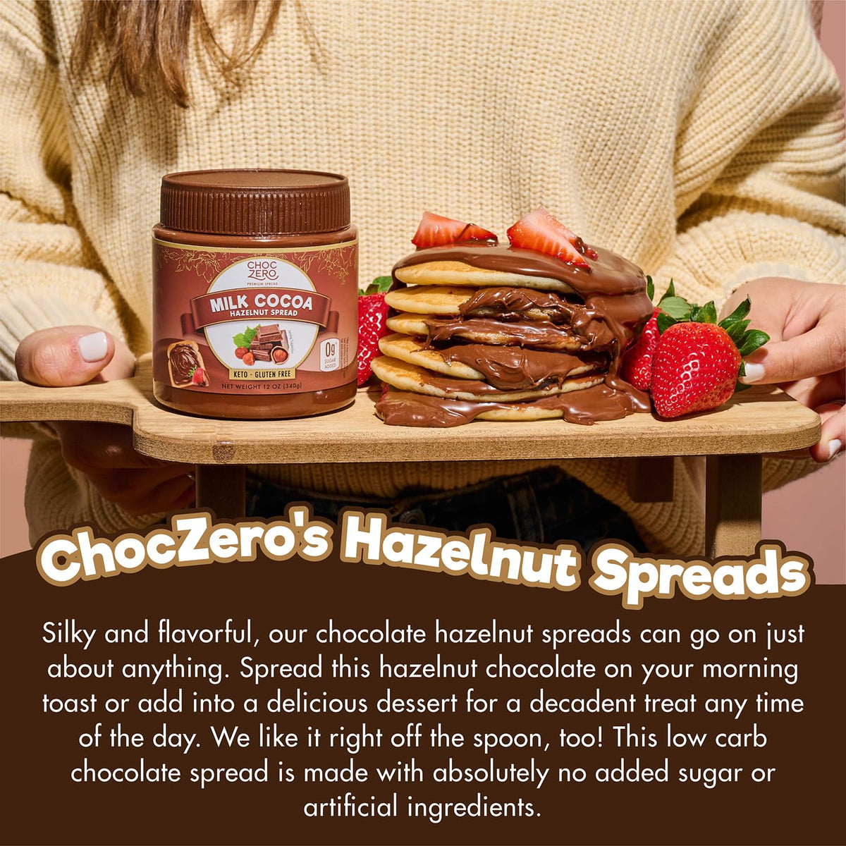 ChocZero 12 oz Milk Chocolate Hazelnut Spread, No Added Sugar, Keto Friendly, Low-Carb, Gluten Free, High Fiber, Versatile