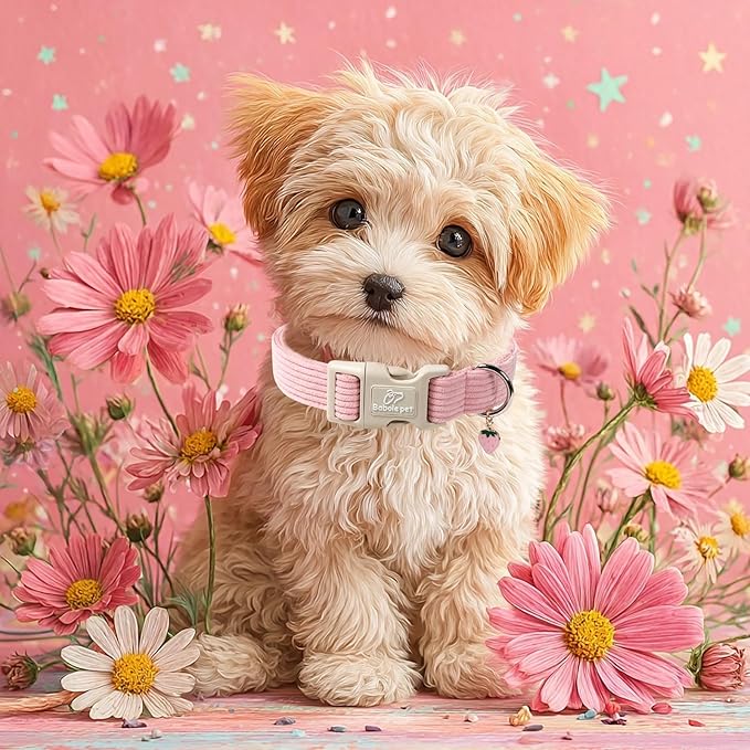 Cute Corduroy Dog Collar - Pink Adjustable Dog Collars for Medium Dogs 25-50lbs, Fade-Proof with Secure Snap & Little Charm, Christmas Birthday Gift, M