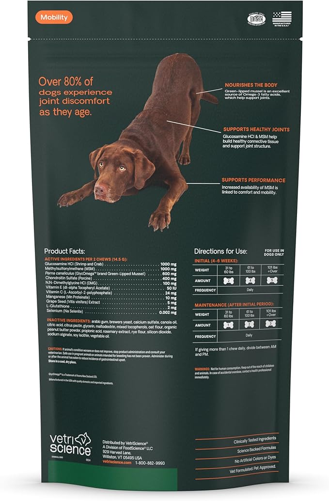 VetriScience GlycoFlex Ultimate Strength Healthy Chews– Dog Hip and Joint Supplement with Glucosamine, MSM for Dogs & Green Lipped Mussel for Dogs, Peanut Butter, 60Count - New Look