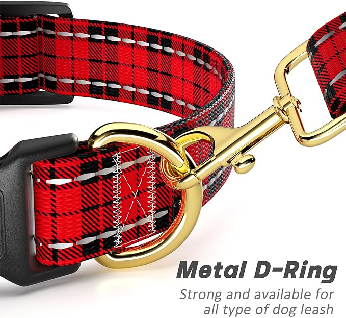 Reflective Dog Collar for Extra Small Dogs, Cute Boho Adjustable Heavy-Duty Nylon Puppy Collar for Boy and Girl Female, Soft Pet Accessories with Quick Release Buckle, Black Red Tartan