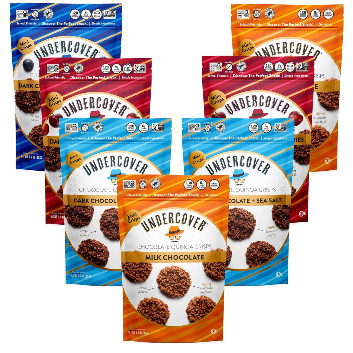 Undercover Snacks Chocolate Quinoa Crisps - Dark Chocolate + Sea Salt Quinoa Crisps | 7-Pack, 3oz Bags of Mini Crisps | Gluten Free, Nut-Free, Allergen Friendly, Kosher, Plant-Based