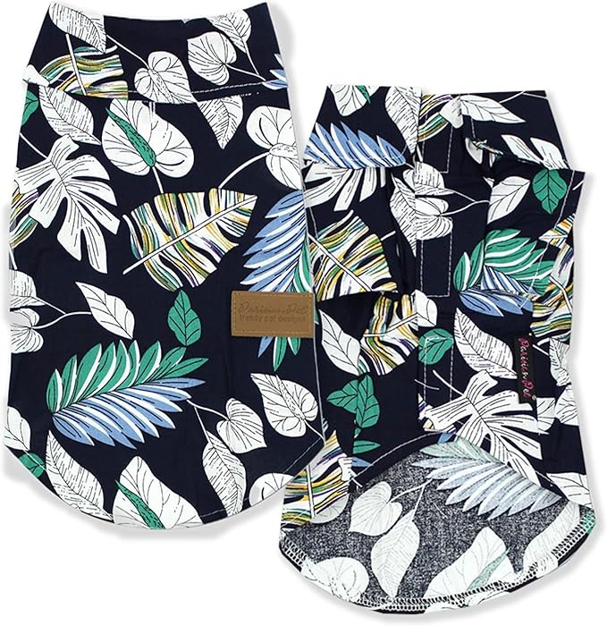 Parisian Pet Palm Leaves Dog Shirt - 100%Cotton Summer Clothes - Stylish Beach Outfit - Hook and Loop Closure - Machine Washable for Medium Dogs - M