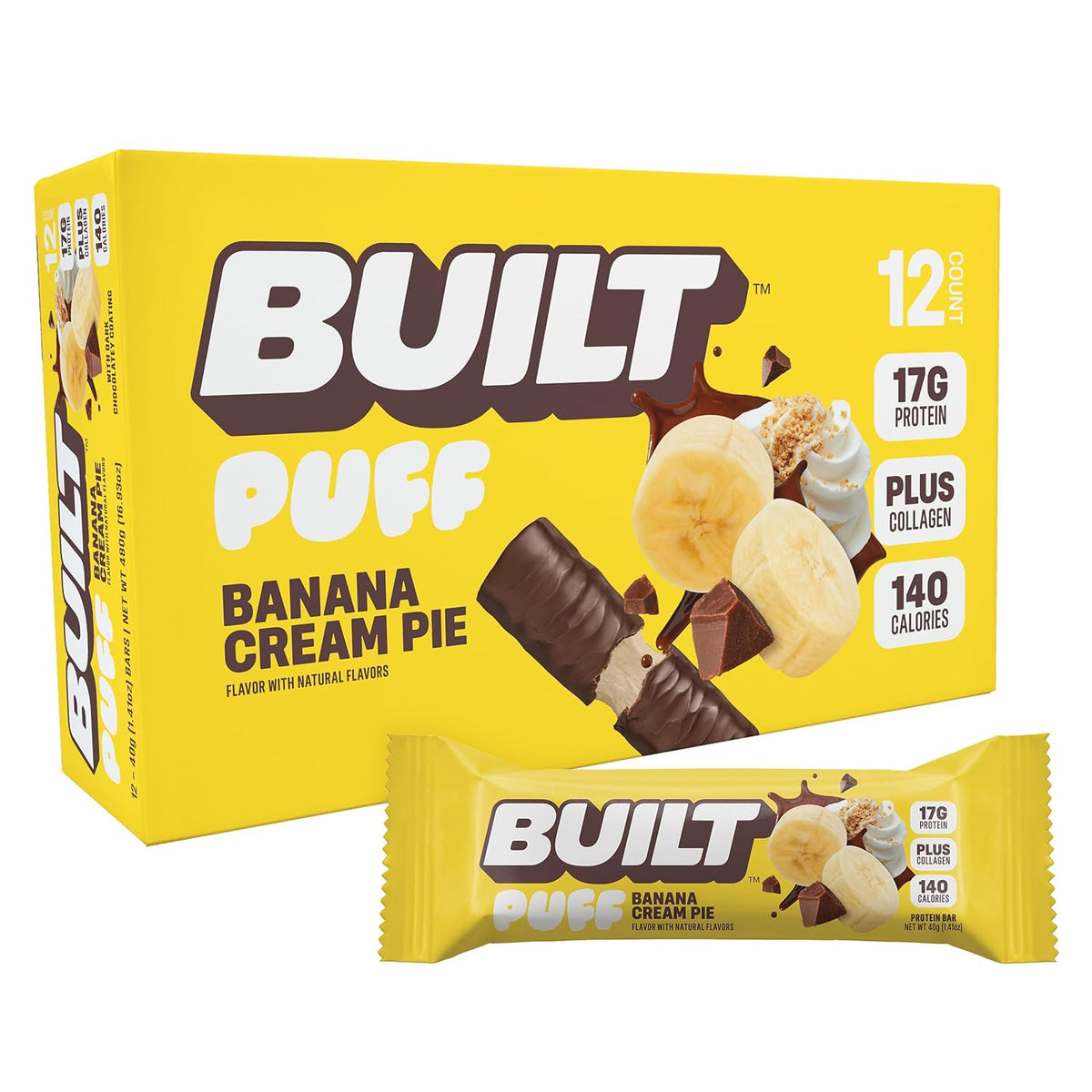 BUILT Bar Sour Puff Protein Bars - Sweet Peach Punch - 16g Protein Snack Bars with Collagen - Calorie Conscious & Gluten Free - 12 Count