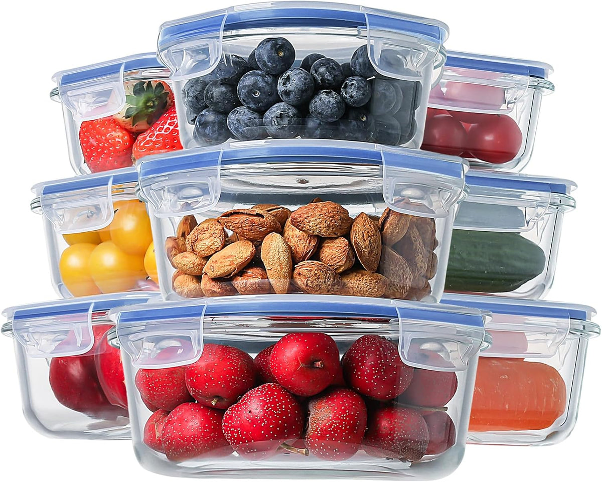8 Pack Borosilicate Glass Food Storage Containers with Lids, Glass Meal Prep Containers, Airtight Bento Lunch Boxes with Leak Proof Locking, Oven, Freezer and Dishwasher Safe, BPA Free, 5-35oz