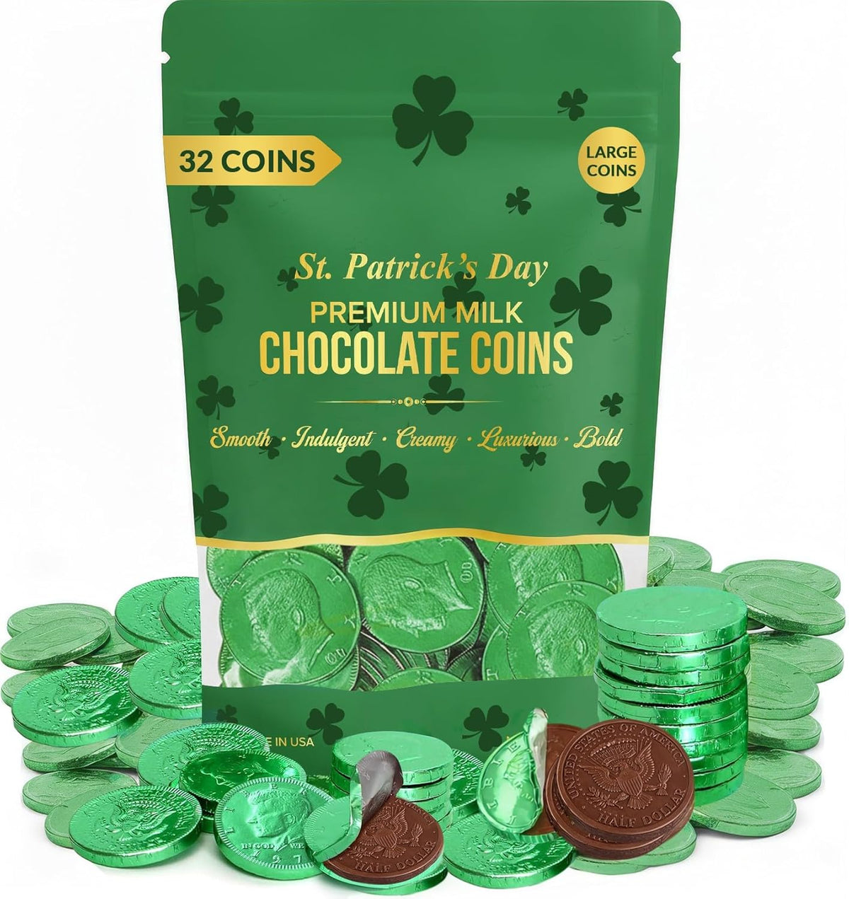 Large Chocolate Gold Coins, 32-Pack, Milk Chocolate Candy, 1.5 Inch Half Dollar Size, Gold Foil, Individually Wrapped Party Favors For Holidays, Candy Buffets, Goodie Bags, Treasure & Easter Hunts