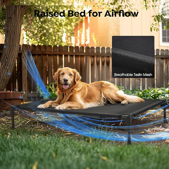 Veehoo Cooling Elevated Dog Bed with Fluffy Plush Bolster Cushion, Indoor Raised Dog Beds for Large Dogs, Soft Pet Sofa Cot with Removable Washable Mat, No-Slip Feet, 32 x 25 inches, Cream White