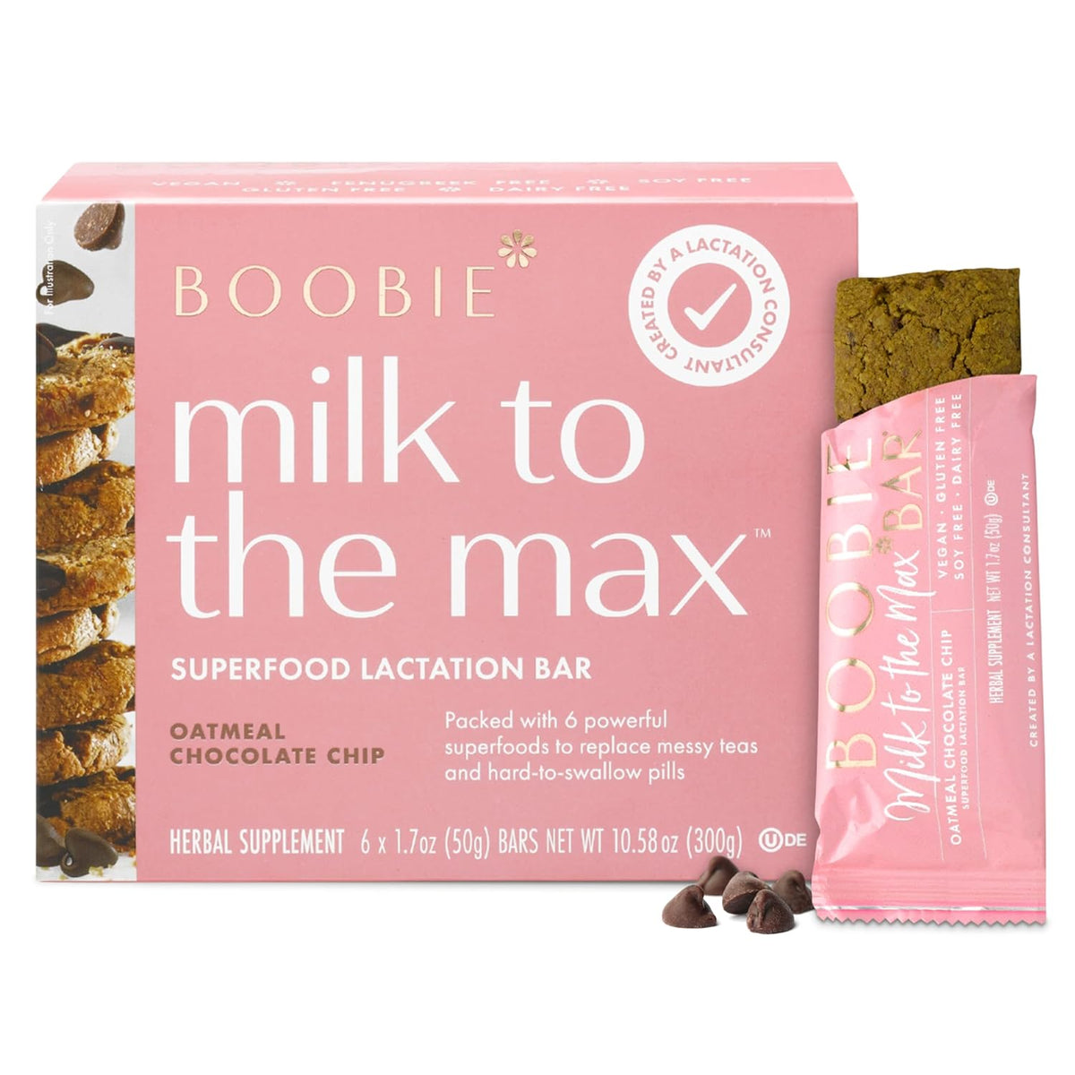 Boobie Superfood Oatmeal Chocolate Chip Cookie Lactation Bar for Breastfeeding Moms to Increase Milk Supply | #1 Selling Lactation Snack Bars | Vegan, Fenugreek-Free, Gluten-Free, Dairy-Free (12 Bars)