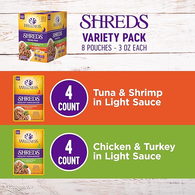 Wellness Healthy Indulgence Shreds Adult Wet Cat Food, Natural, Protein-Rich, Grain Free, 3 Ounce Pouch, 8 Pack, (Shreds Variety Pack)