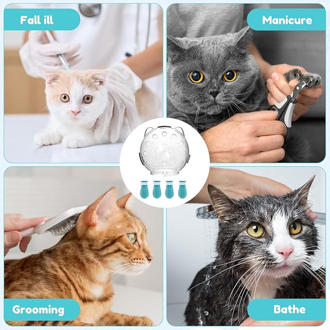 Cat Muzzle, Cat Mouth Cover for Grooming with 4 Silicone Paw Shoes, Cat Anti Bite Helmet, Silicone Claw Covers, Cat Breathable Hood for Cats Bathing Shaving Nail Trimming (Small)