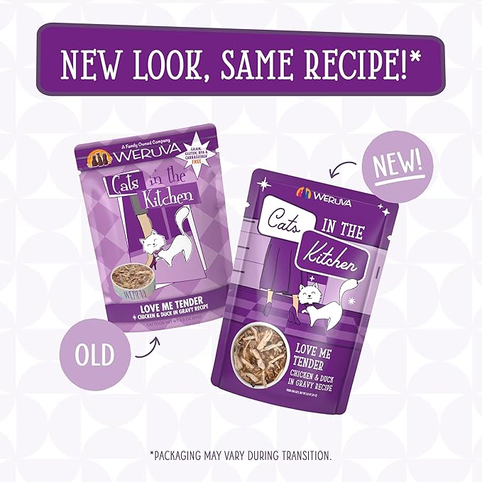 Weruva Cats in The Kitchen, Love Me Tender with Chicken & Duck in Gravy Cat Food, 3oz Pouch (Pack of 12)