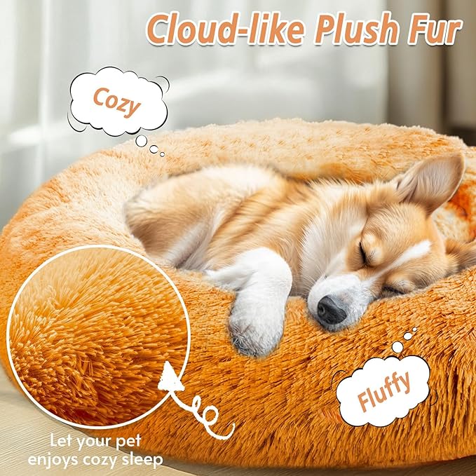 JOLLYVOGUE Calming Dog & Cat Bed for Small Dogs, Anti-Anxiety Donut Cuddler Cozy Soft Round Bed with Anti-Slip Bottom, Fluffy Faux Fur Plush Cushion Beds for Small Medium Pets (23")