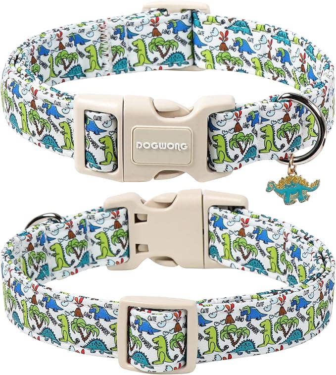 DOGWONG Dinosaur Dog Collar-Cute Green Dinosaur Dog Collar for Small Dogs, Adjustable Comfortable Cotton Boy Dog Collars for Small Medium Large Dogs,L
