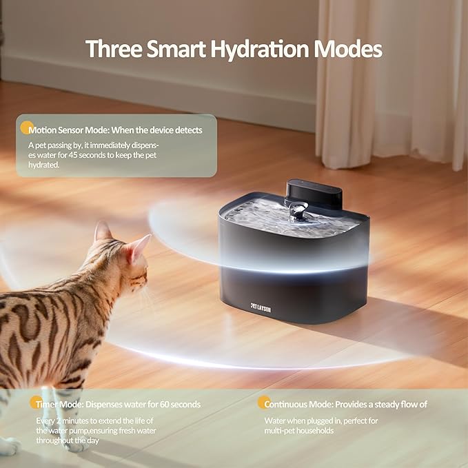 PET LAYSON Pumpless Cat Water Fountain, Smart Cordless Fountains Battery Operated, 3.6L/122oz with Maglev Valve Technology Rechargeable Water Dispenser for Cat &Dog 2 Filters,2 Nozzles(White, M1)