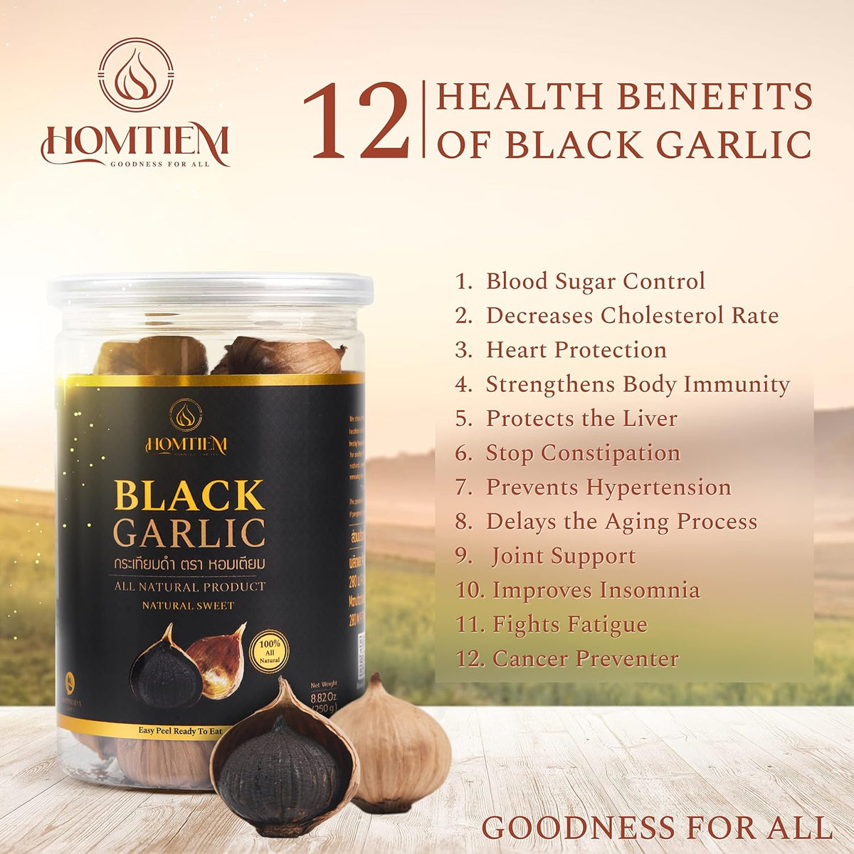Homtiem Black Garlic 8.82 Oz (250g.), Whole Black Garlic Fermented for 90 Days, Super Foods, Non-GMOs, Non-Additives, High in Antioxidants, Ready to Eat for Snack Healthy, Healthy Recipes