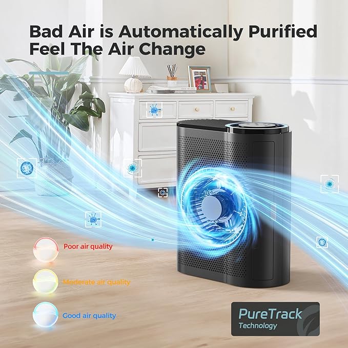 AROEVE Air Purifiers for Home Bedroom, Covers Up to 1095 ft², 3-in-1 Filter Sleep Mode, Air Quality Indicator Ring, Remove Dust Smoke Odor Pollen Allergies Pet Hair for Dorm Room, Office, MK04, Black