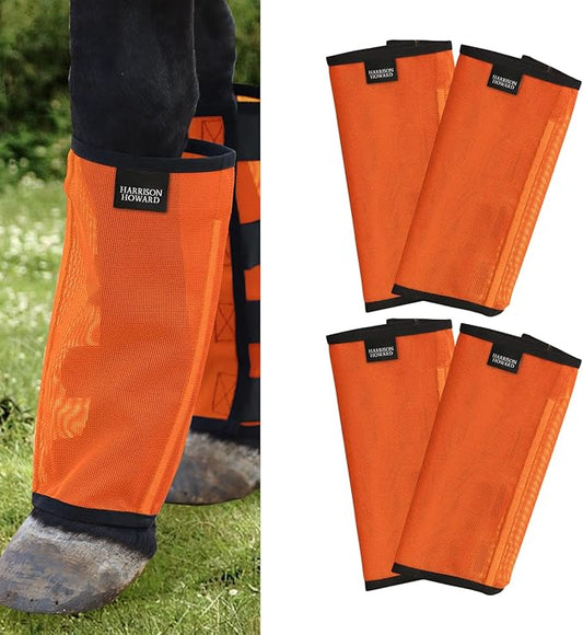 Harrison Howard Loose Fitting Fly Boots UV-Protective Extra Tough Mesh Ventilated Four Fasteners Stay-on Design Protect Horse Legs & Stomp-Reducing Set of 4 Orange Small
