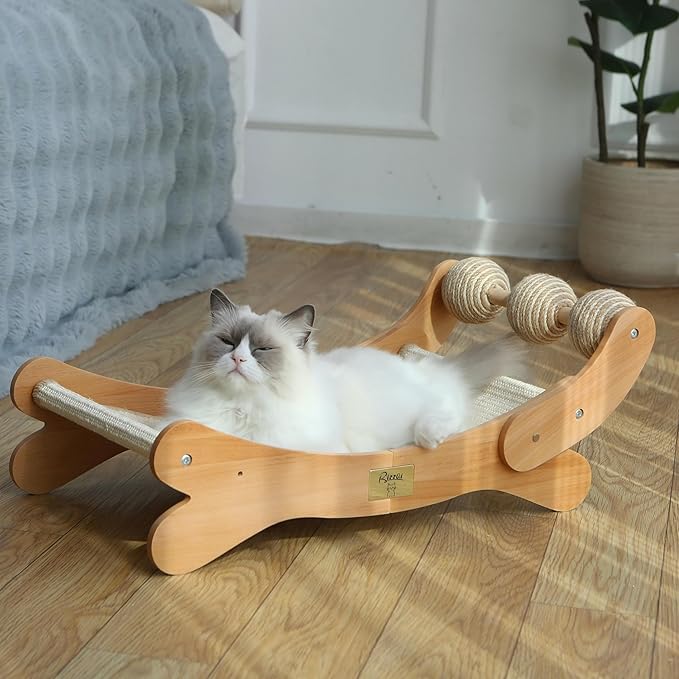Cat Scratcher with Sisal Ball, Durable Cat Beds with Hammock for Indoor Cats, 3 in 1 Modern Cat Scratch Pad Lounger & Sleep & Scratch, Furniture Protector, Sisal Mat & 3 Play Balls