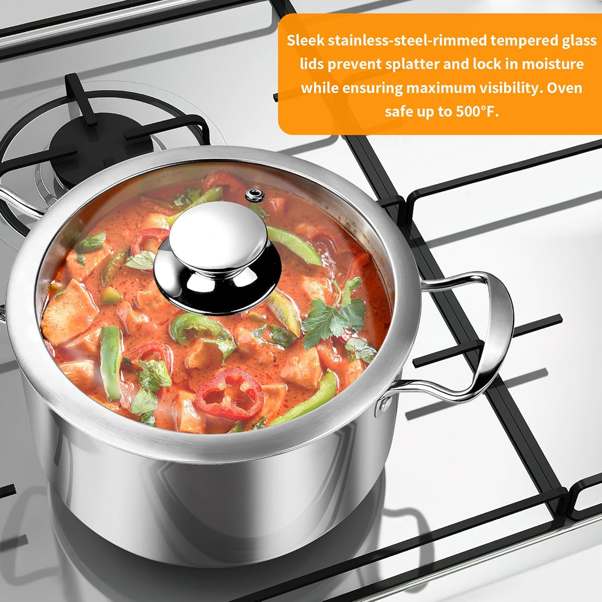 Stainless Steel Pots and Pans Set, 6 Piece Kitchen Induction Cookware Sets with Glass Lids, Works with Induction, Electric and Gas Cooktops, Non Toxic, Oven & Dishwasher Safe